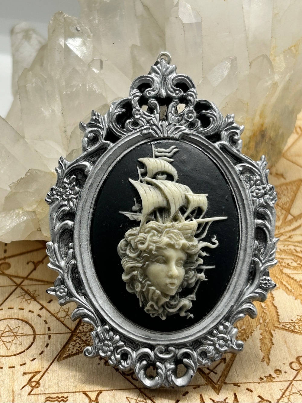Lady Of The Sea Cameo Pendant In Elaborate Silver Colour Resin Frame